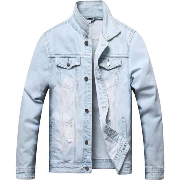 Light Wash Distressed Jean Jacket Ripped Acid Wash Slim Denim Trucker Jacket